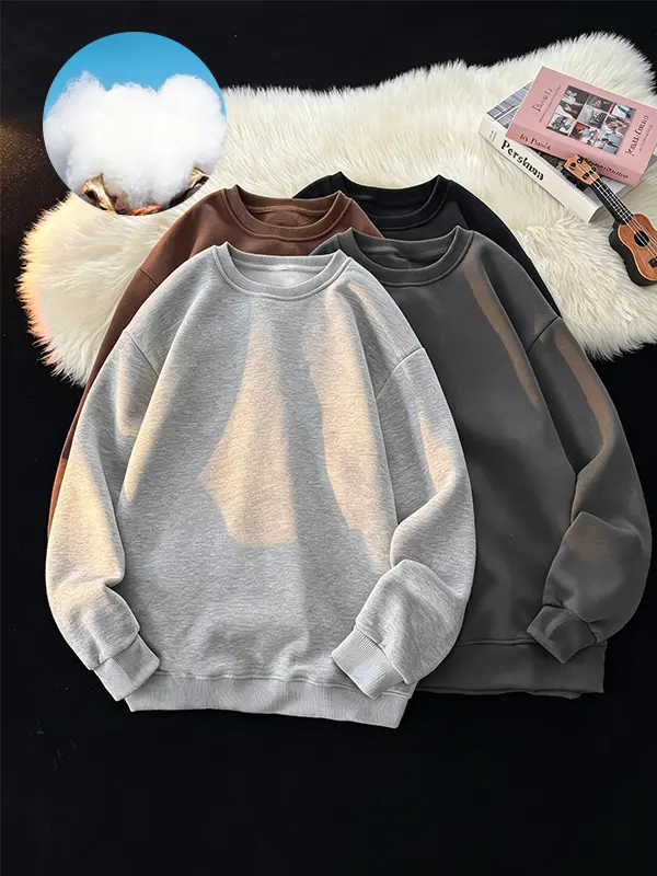 Men’s classic crewneck sweatshirt, simple solid-color pullover, loose fit, versatile top for everyday street style