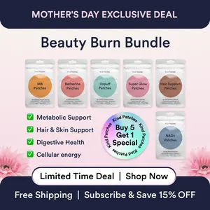 Kind Patches Beauty Burn Bundle: 30 MB + 30 Berberine + 30 Unpuff + 30 Super Glow + 30 Hair Support + 30 NAD+ Pacthes, Metabolic Balance & Digestive Health, Beauty Vitality & NAD+ Production Support, Natural Ingredients
