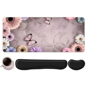 4pcs Pastel Floral and Butterfly Design Gaming Mouse Pads + Keyboard Wrist Rest + Ergonomic Gaming Mousepad + Coaster Set For Desktop Decoration, Desktop Accessory, Office Accessories Set Ergonomic Wrist Support, Computer Mat Mouse Pad Coaster