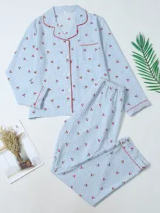 Women's Two-Piece Pajama Set, Casual Comfortable Lapel Pocket Woven Long Sleeve Shirt & Elastic Waist Pants, All-Season Striped Heart Print Sleepwear Loungewear