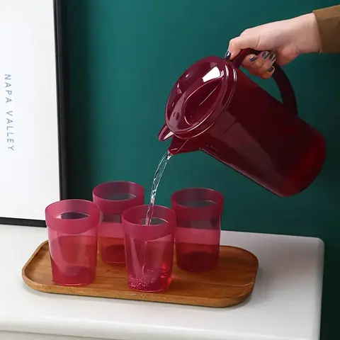 BPA-Free Plastic Kettle Set (1.5L/50.7oz) - Heat Resistant, Durable Home Kitchenware Drinkware with Juice-Ready Jug, Lemonade Pitcher, 4 Shatterproof Cups, Lid, Easy-Pour Handle for Beverages