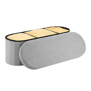 VEVOR Oval Storage Ottoman Bench, Foldable Teddy Fleece End of Bed Bench, Folding Upholstered Bed Ottoman Chest with Large Storage Space, Supports 660 lbs, for Living Room, Bedroom, Entryway, Grey