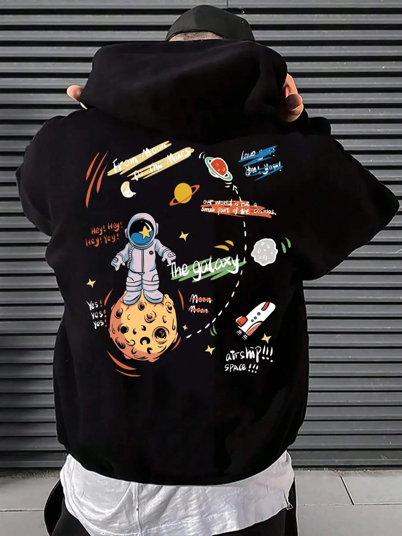 Unisex Men's Cartoon Graphic Print Drawstring Essentials Hoodie, Regular Fit Casual Long Sleeve Hooded Sweatshirt for Fall & Winter, Men's Clothes, Na