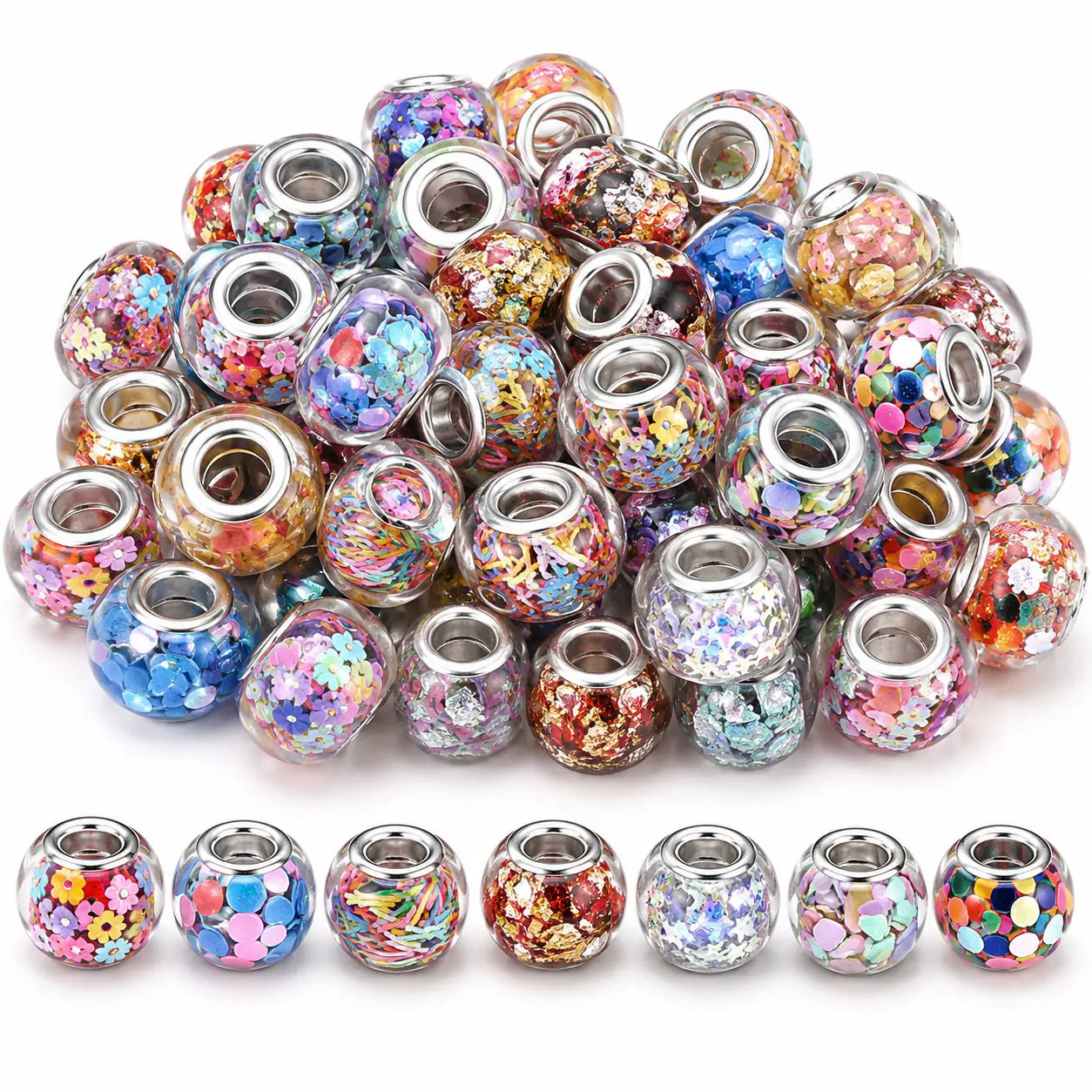 80PCS 9*14mm Acrylic Flat Focal Beads, 6mm Large Hole AB Mixed Color Sequin Beads for Beadable Pens, Keychains, Crafting, DIY Jewelry Making & Gift Giving, Flat Beads