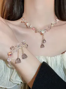 Elegant Flower Crystal Tassel Bracelet Necklace Set, Women's Fashion Jewelry, Perfect Gift for Her, All Seasons Wear