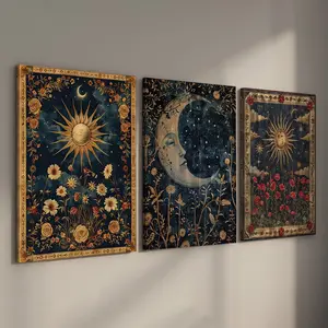 Set of 3 Gothic Wildflower Stretched Art, Dark Academia Aesthetic Gallery Wrapped Canvas, Mystical Sun Moon Tarot Wall Decor, Internal Wood Framed Celestial Artwork, Retro Witchy Gift for Home Office