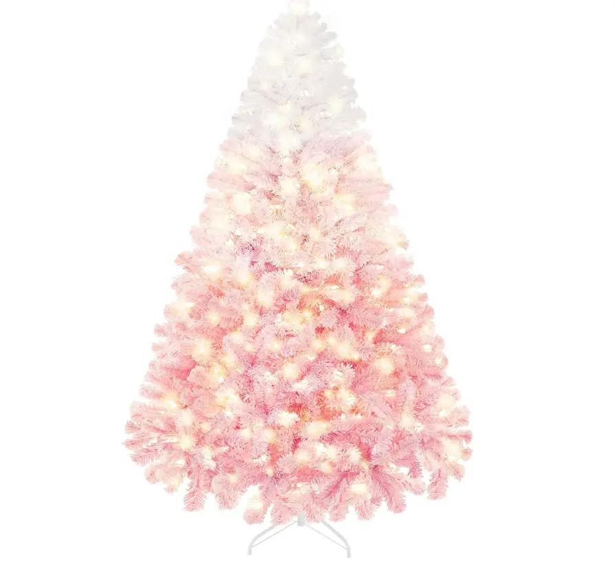 【Christmas Gift】7.5ft Tall Pre-Lit Umbrella-Type PVC Automatic-Structure Pink Gradient Frosted Artificial Christmas Tree, 450 Warm White LED Lights, 1180 Realistic Branch Tips, Metal Stand, Easy-Install Room Decor for Home Holidays & Ornament Display