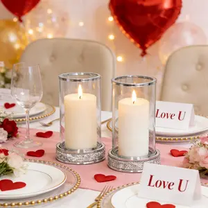 2pcsRomantic Gift Sparkling Diamond Candle Holders - Golden/Silvery with Glass Tube for Wedding, Outdoor, Valentine's Day Anniversary