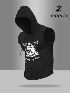 Men's Hooded Sleeveless Gym Tank Tops, Athletic Workout Clothing, Praying Hand & Dove Spiritual Graphic Screen Printed Apparel, High-Stretch Breathable Fabric, Slim Fit for Bodybuilding, Durable Contrast Print for Faith Enthusiasts & Gym Rats