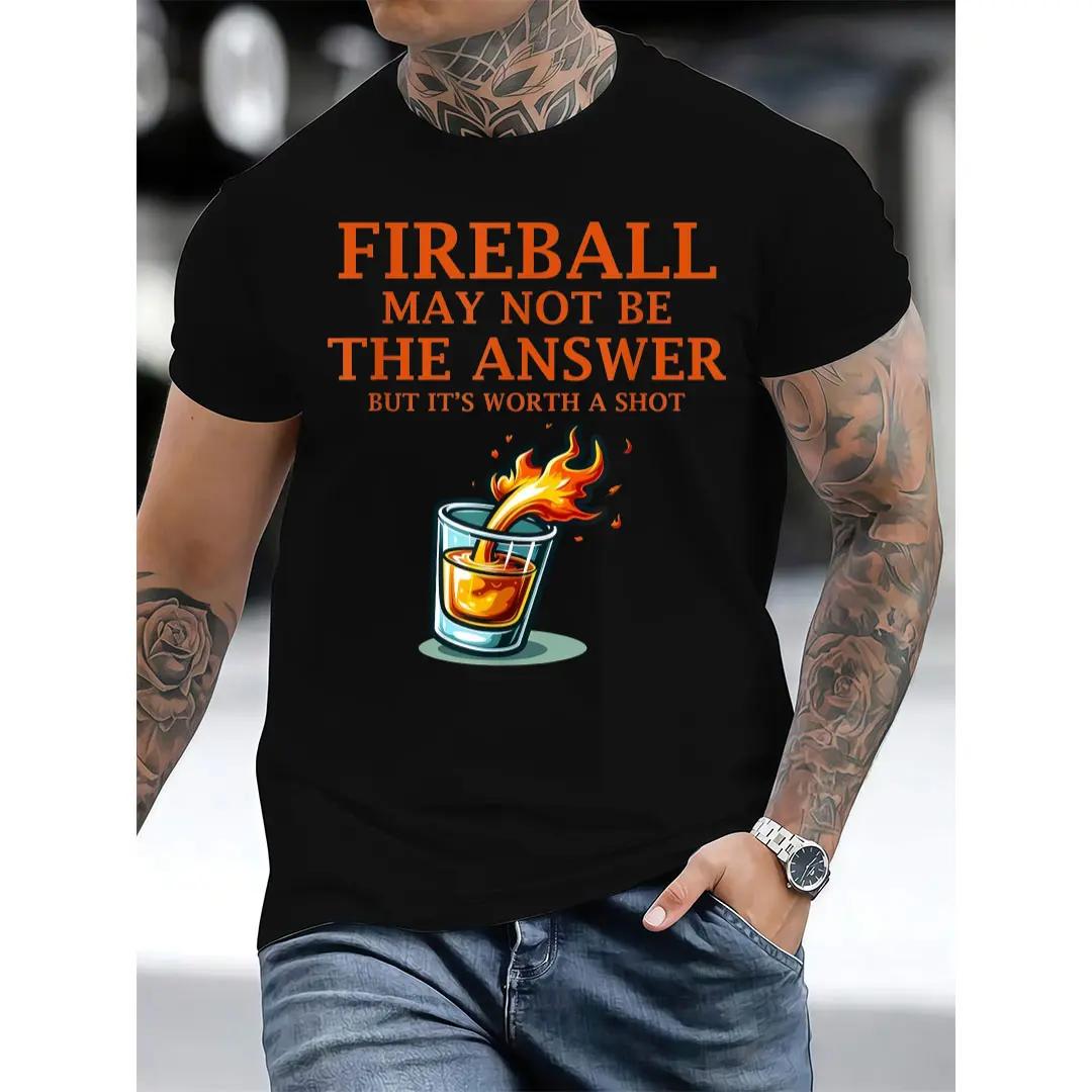 Men's Fireball Graphic Tee, Oversized Casual Streetwear Fit in Breathable 180g Combed Cotton, USA-Made, Tops, Shortsleeve, Menswear, Preppy, Business, Athletic, Soft Cotton, Graphic Print