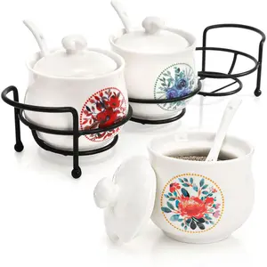 3 Pcs Ceramic Condiment Jars, 7 Oz Small Sugar Bowls with Lids Spoons and Shelf, Round Spice Container Pot Set for Salt Pepper, Empty Seasoning Box for Kitchen Restaurant Home, White