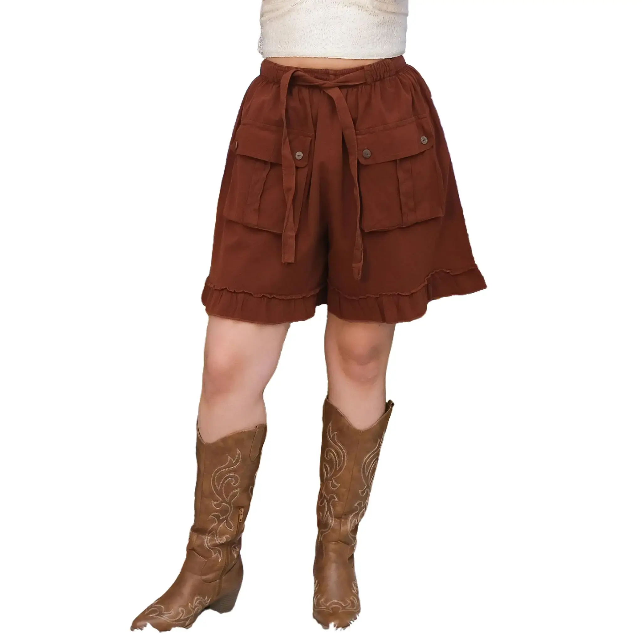 Flowy Cotton Ruffle Cargo Shorts with Pockets, Summer Comfy Shorts with Utility Pockets, Boho Shorts with Pockets and Drawstring