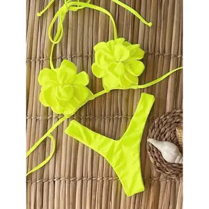 Women's Fluorescent Floral Bikini Set, Halter Neck Triangle Cups, High Cut Thong Bottoms, Beach Vacation Swimwear, Bikini Swimsuit, Summer Bikini Summer Style