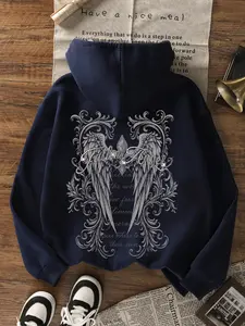 Women's Hooded Sweatshirt, Hidden Blue Color, Fashion Streetwear, Casual Youth Style, Holiday Simple Campus Wear, Vintage Angel Wings Print