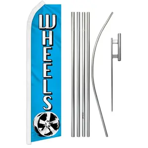 Large Size Outdoor Advertising Banner Complete Kit - 11.5x2.5 ft Steel-Aluminium Pole, Blue Super Flag, Wheels, Unique Print, Free-Fly Edge Polyester Banner for Festive & Party Backdrop Needs