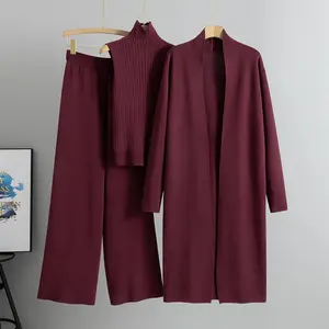 Ladies' elegant autumn and winter new lazytemperament knitted suit sleeveless vest sweatercardigan pants three piece set Casual Chic 2-3 Clothes piece sets women fall sets comfort sweat set Fabric Fit Flowy Forest Green Lightweight Polyester
