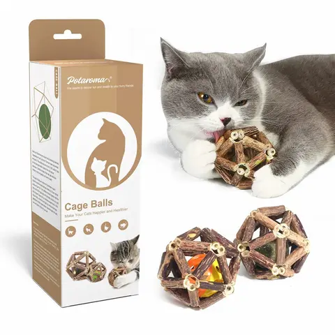 Potaroma 3-Pack Organic Catnip Cat Toys - Woven Silvervine Stick Cage, Matatabi Aroma Pull Bell, Woody Chaser, Gall Fruit Element for Healthy Chewing, Teeth Care, Avoiding Improper Behaviors, 100% Satisfaction Guarantee for Indoor Cats