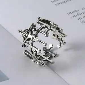 Unisex Vintage Silver Adjustable Jesus Cross Ring - Punk Fashion Jewelry with Cross Charm, Crucifix Motif, Religious Embellishments, Wholesale Party Gift Accessory, Vintage Silver Rings, Cross Charm Rings