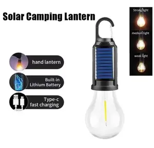 2 Pack Solar Rechargeable Hooked Camping Light, Vintage Outdoor Tent Camping Ambient Light, USB Rechargeable LED Camping Latern, Outdoor Hanging Light Bulbs, Portable Waterproof Emergency Light Bulb