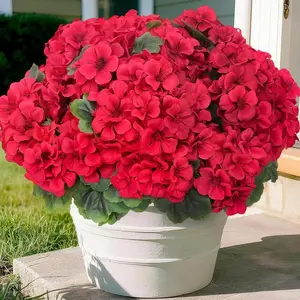 8 Pcs Artificial Geraniums Flowers for Outdoor Spring Summer Decor - UV-Resistant & Realistic Silk Faux Plants for Garden Porch Patio Yard Balcony Home Kitchen Table Centerpieces Decoration, Red
