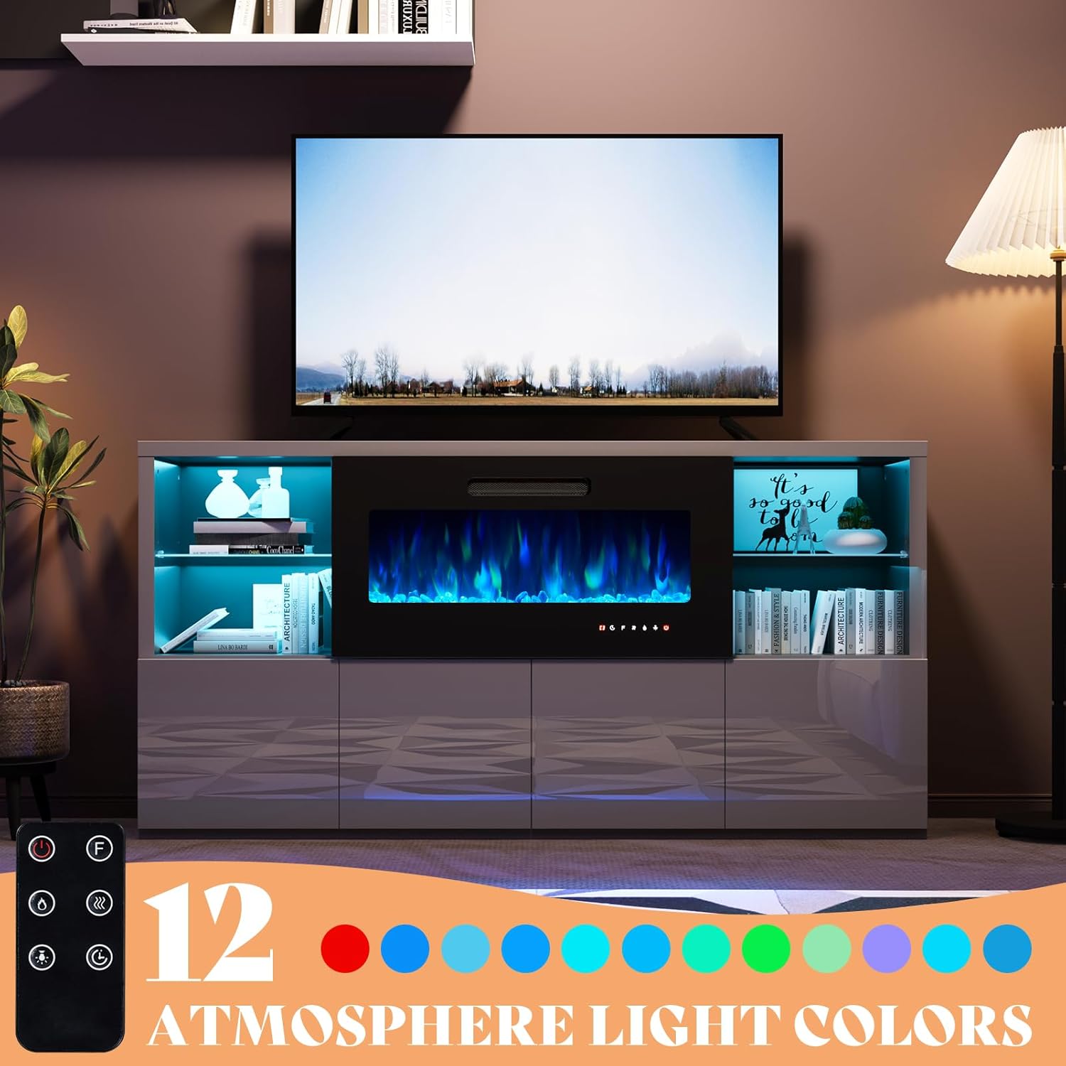 68" Modern High Gloss Fireplace TV Stand, Fireplace Entertainment Center with Fireplace & LED Lights for TVs up to 78",