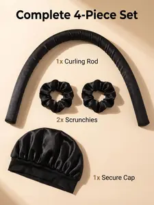 No Heat Curling Wand 4 Piece Set, Lazy Hair Styling Kit, Satin Hair Tie + Sleep Cap, Gentle on Hair, Ideal for Home & Travel
