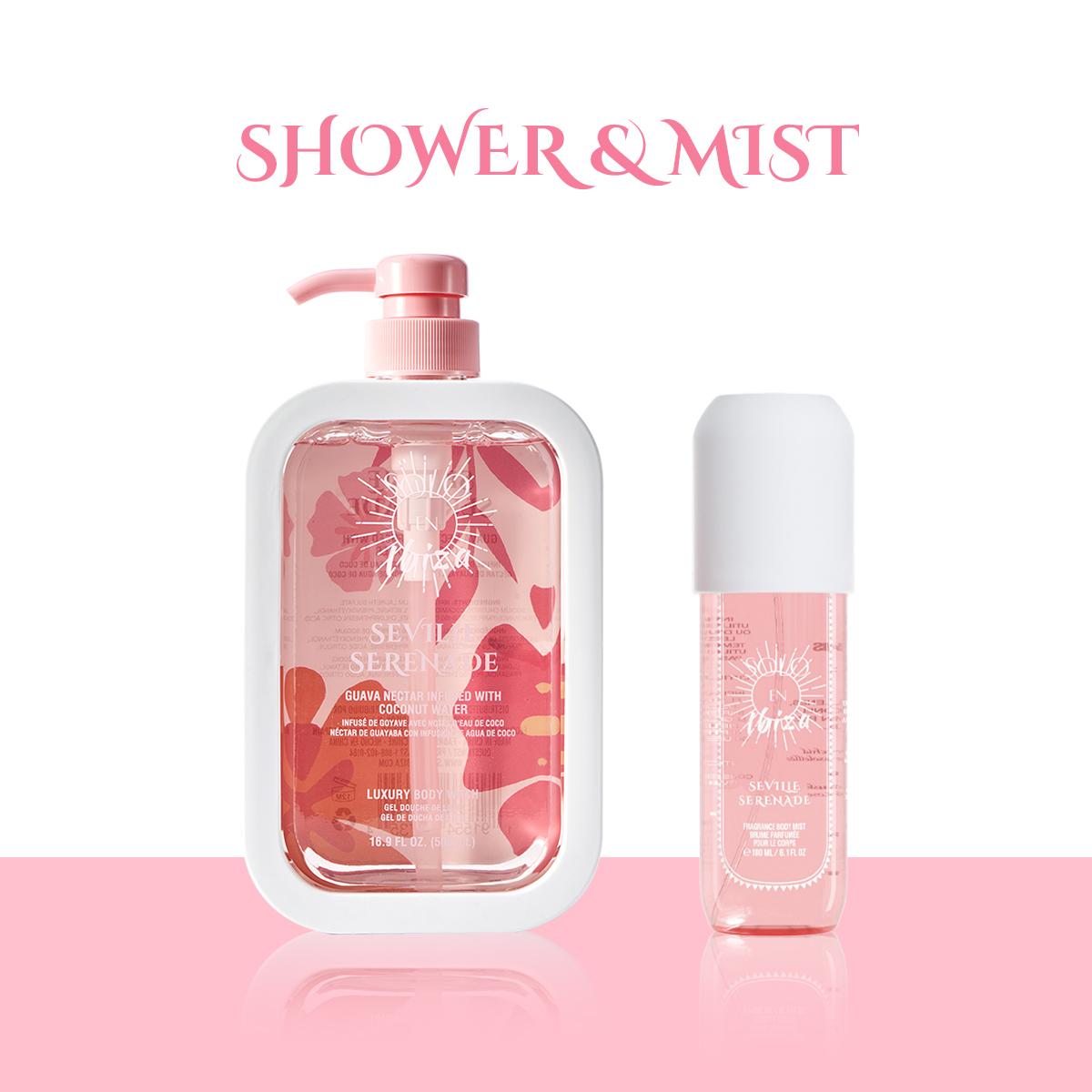 SOLO EN IBIZA Seville Serenade Body Care Duo, Body Lotion, Shower Gel & Fragrance Mist Set with Coconut, Guava, Citrus & Orchid, Long-Lasting Fruity Floral Scented Body Care Bundle