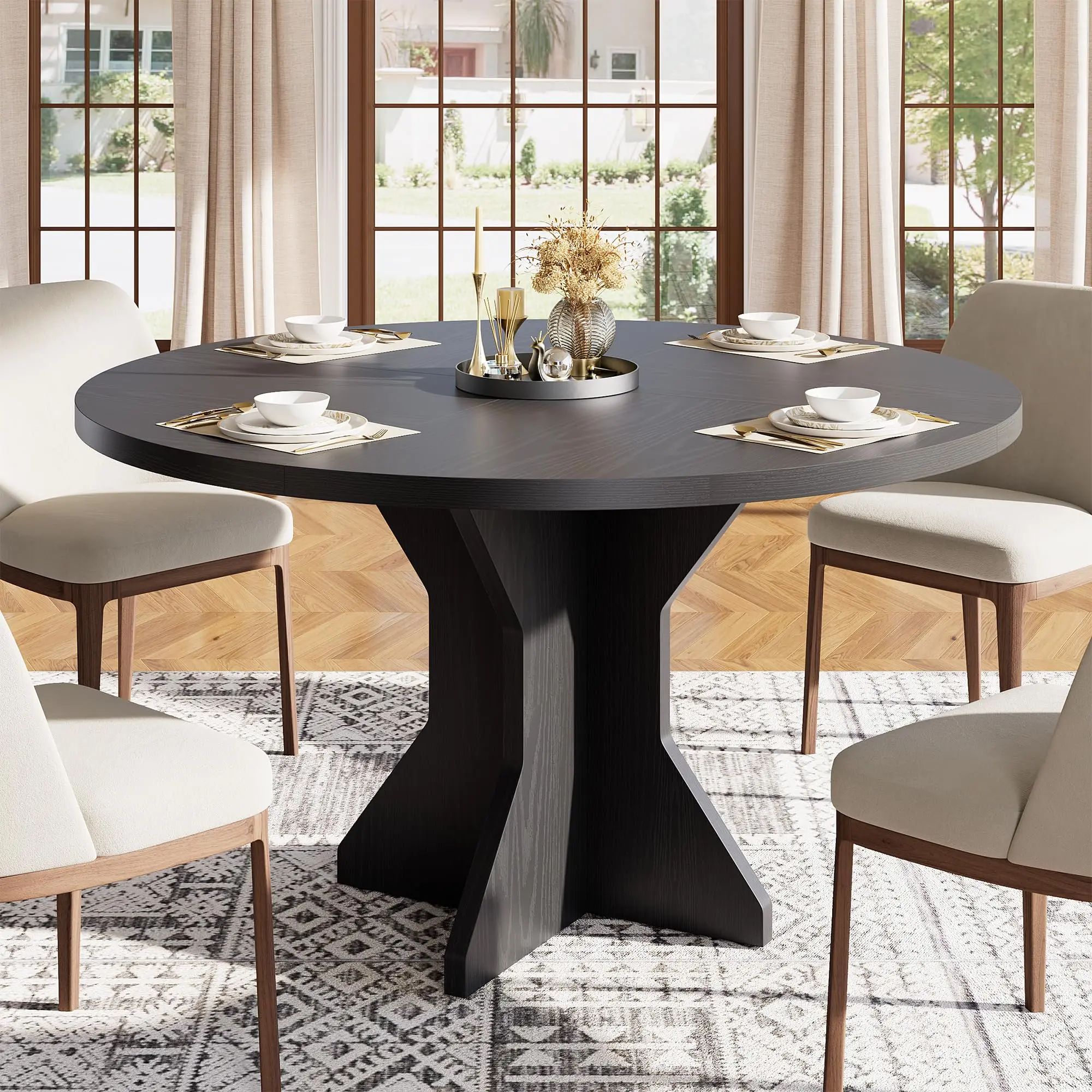 Space-Saving Modern Dining Table – 47" Round Table for 4-6 – Sturdy Pedestal Base, Contemporary Design – Perfect for Apartment, Living Room, Kitchen – Brown or Black