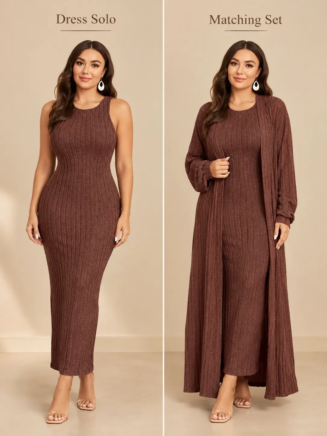 Plus Size Brown Ribbed Knitted Two-Piece Set for Women, Long Sleeveless Round Neck Dress with Matching Long Cardigan, Casual Stretchy Fall Outfit