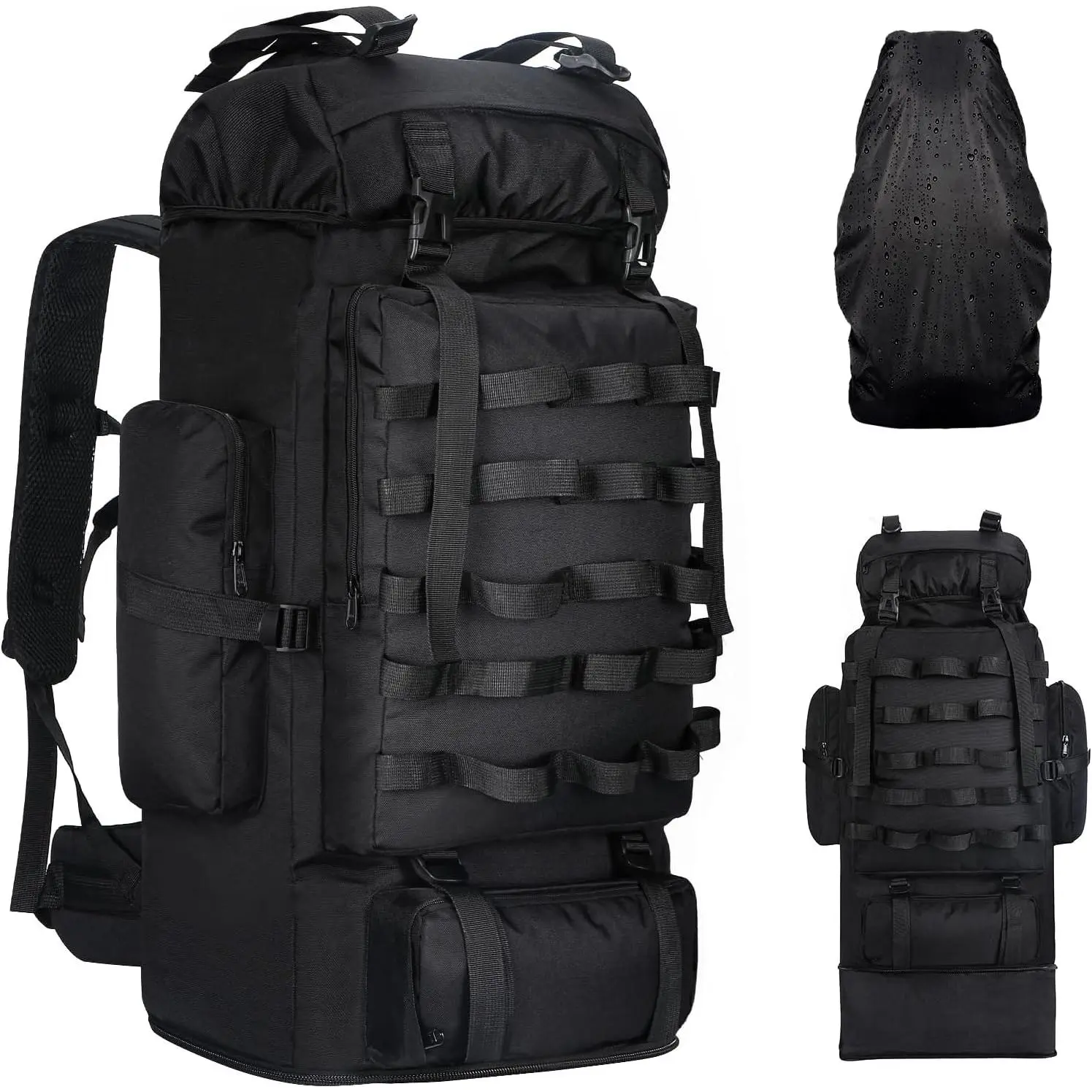 70L/100L Camping Hiking Backpack with Rain Cover, Expandable Large Military Tactical Backpack, Waterproof Molle Racksack Travel Backpacking Daypack for Climbing Trekking (Black) bag multifunctional
