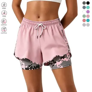 Women’s Summer shorts: double-layer faux two-piece mid-length compression shorts that are breathable and quick-drying, featuring an elastic drawstring waist and side pockets—ideal for fitness training, casual wear, and running.,summerwins