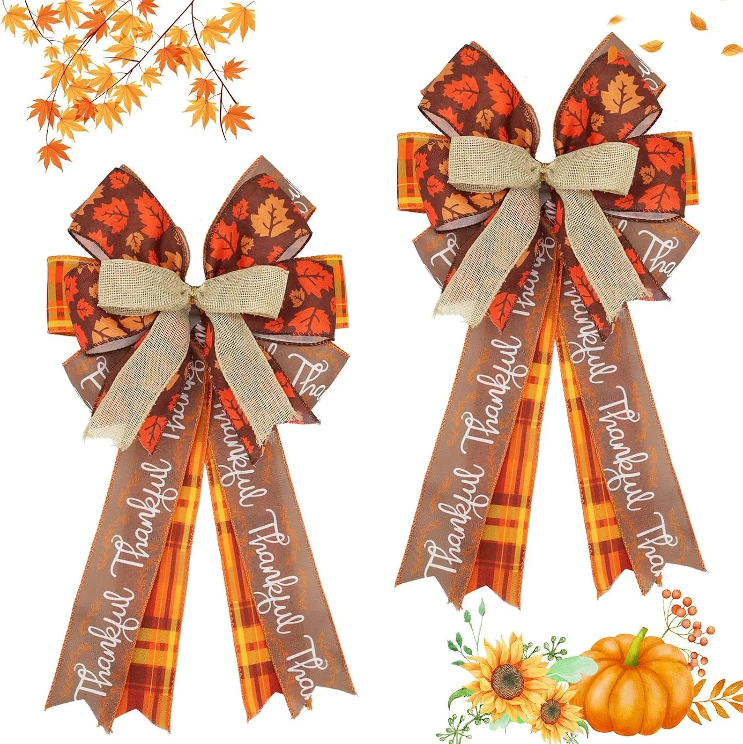 2 Pack Large Fall Wreath Bow 20x11 Inch, Wired Thanksgiving Tree Topper Bow | Big Orange Maple Burlap Decorative Harvest Wreath Ornaments for Front Door Autumn Indoor Outdoor Holiday Decorations