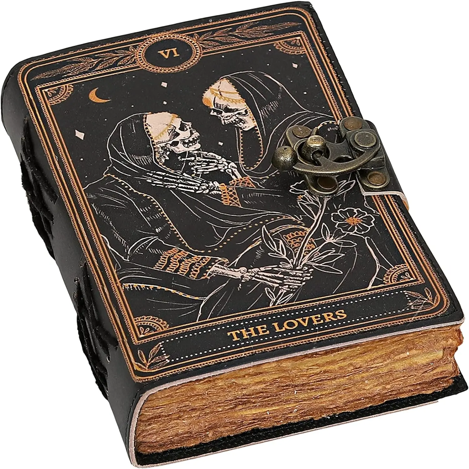 Book of Spells Leather Journal Deckle Edge Paper Grimoire Printed Journal The Lovers Tarot Notebook Spiral Gothic Notebook Skull lover Antique Vintage Leather Journals for Men and Women