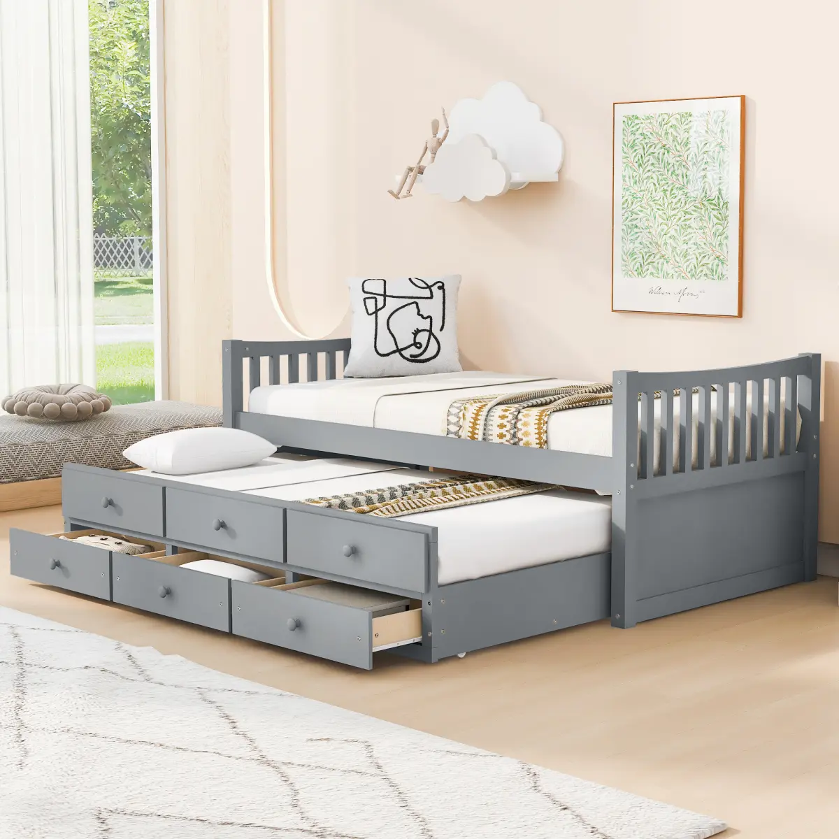 Twin Size Daybed Wood Frame with Trundle and Drawers, No Box Spring Needed,Gray
