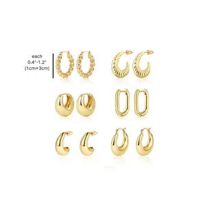 Lexody 6-Pairs 14K Gold-Plated Brass Hoop Earrings Set - Hypoallergenic, Lightweight, Multi-Style Designs for Women & Girls, Perfect Jewelry Gift
