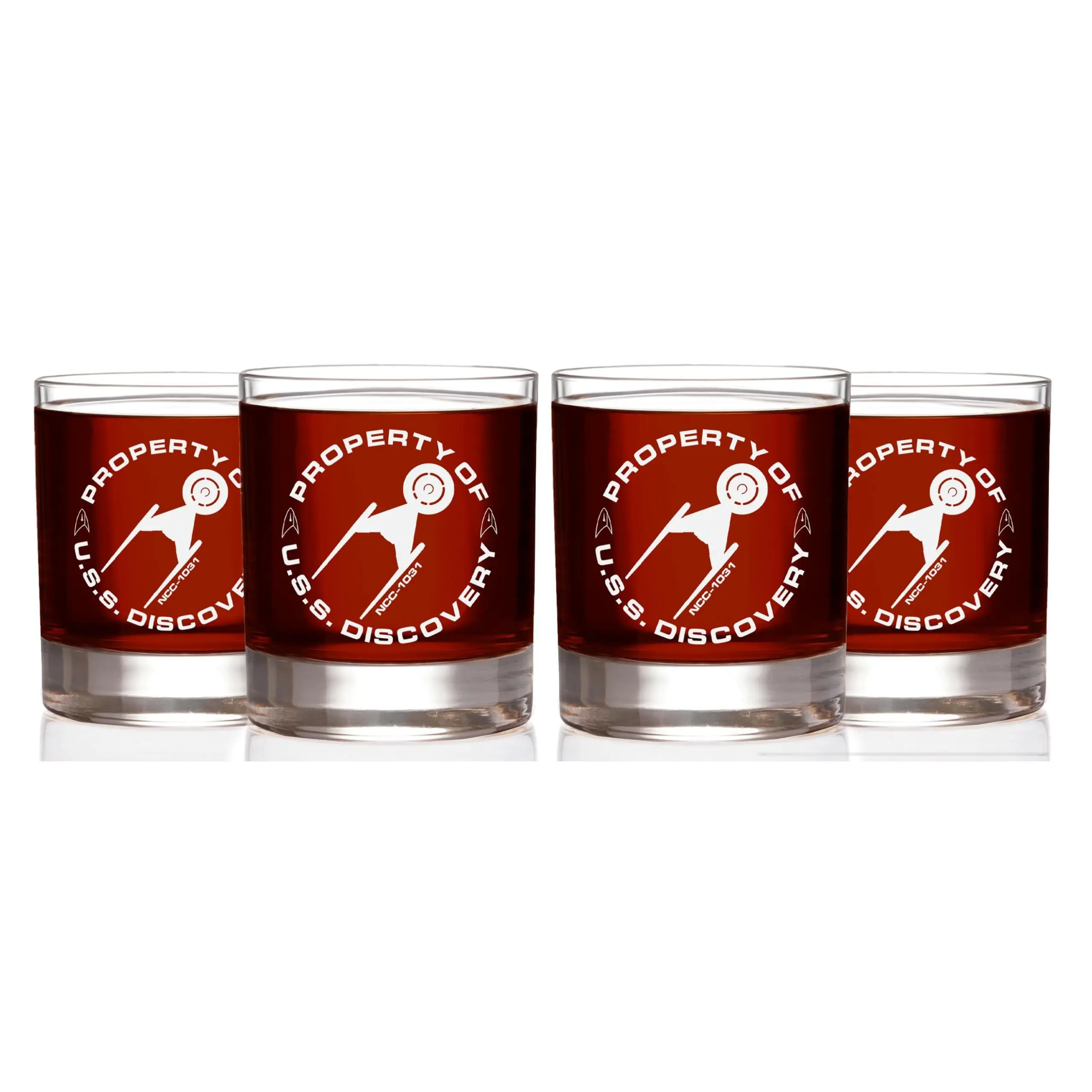 STAR TREK Property of Discovery Etched Rocks Whiskey Glass, 11oz. Set of 4