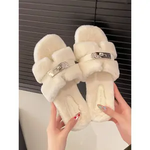 Mao Mao Women's Soft Furry Slippers 2025 Spring Autumn Round Toe Non-Slip Sole Adjustable Straps Elegant Home Wear Flipflop Girl Walking Shoes Fuzzy House Slippers Warm SlippersRAIMENTRY