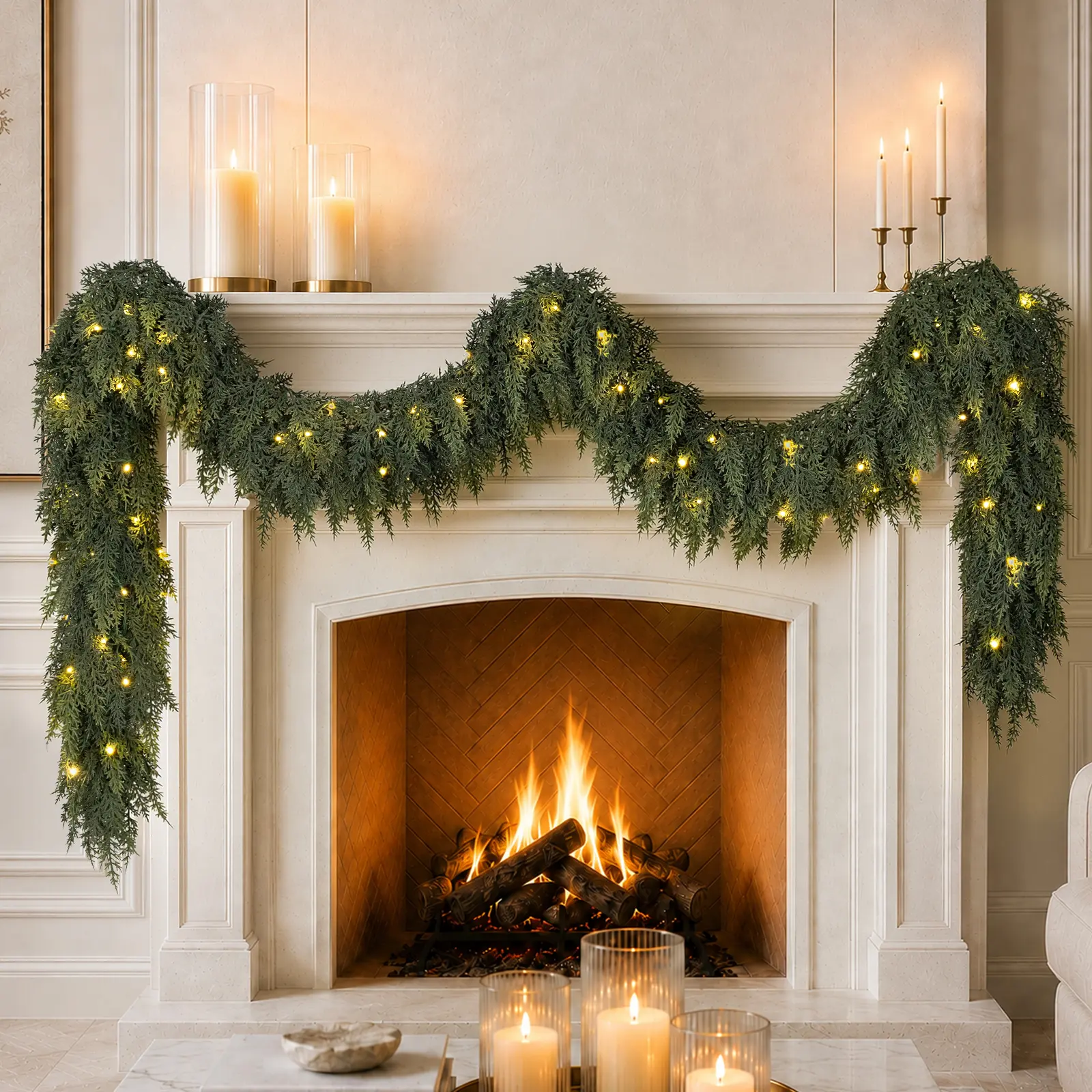 HIAGROW 9FT Pre-Lit Cedar Garland – Realistic Artificial Christmas Greenery with Warm White LED Lights for Fireplace Mantel, Staircase, Doorway & Holiday Home Decor