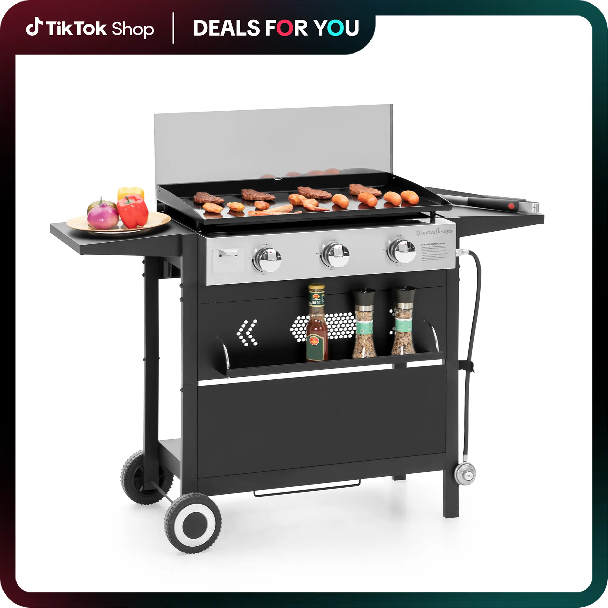 Kitchen Academy 27 Inch Flat Top Grill with Ceramic Coated Cast Iron Pan, 3-Burner Propane Gas, Nonstick Design, Stainless Steel Barbecue Home Food Ki