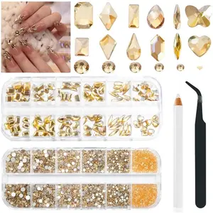 2680Pcs Champagne Gold Nails Rhinestones, 120Pcs Big Golden Nail Charms, Diamond Gems Stones with K9 Bling Flatback Round Beads, Clear Glass Crystal Jewelry for Nails Faces Eyes Makeup Decoration