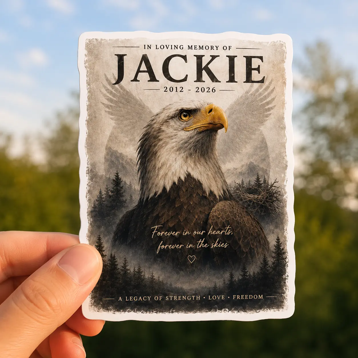 Jackie Memorial Sticker, Bald Eagle Tribute Sticker, In Loving Memory Eagle Sticker, Wildlife Memorial Gift, Eagle Lover Keepsake