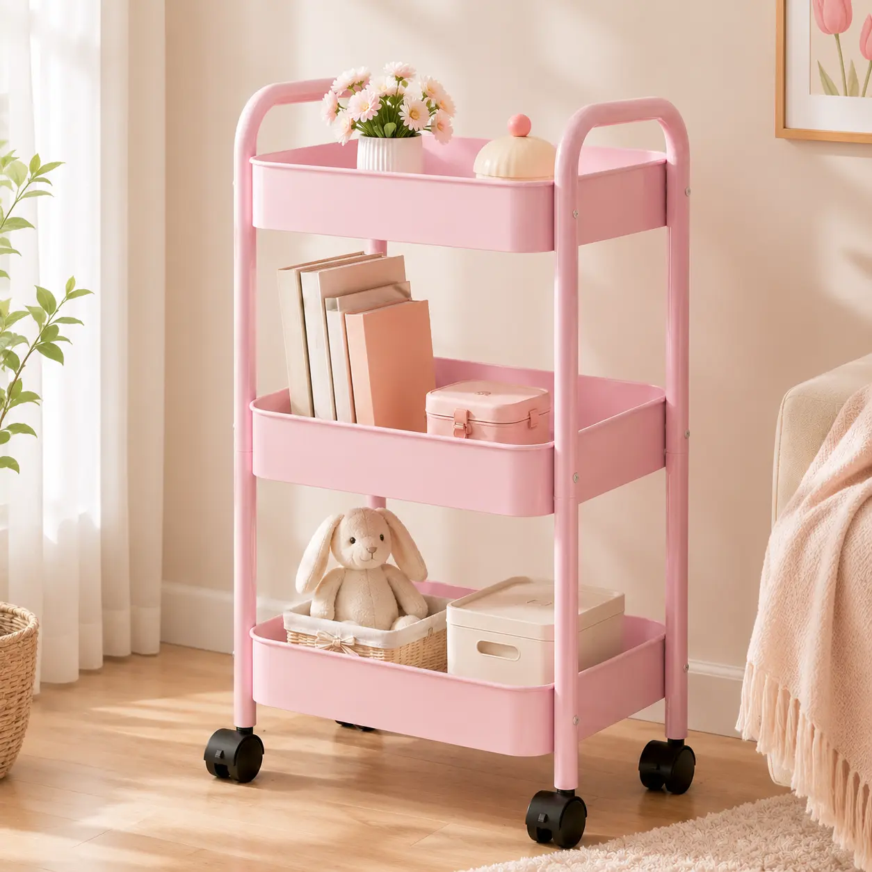 3-Tier Multi-Functional Utility Cart  Wheels —EasyAssembly; Suitable for Kitchens and Bathrooms. Multi-Purpose Metal Storage Cart ( Casters);  — An Ideal Choice for Kitchens, Living Rooms, Offices,  OrganizerCase with Bed Bookshelf Rack hat organizer shoe