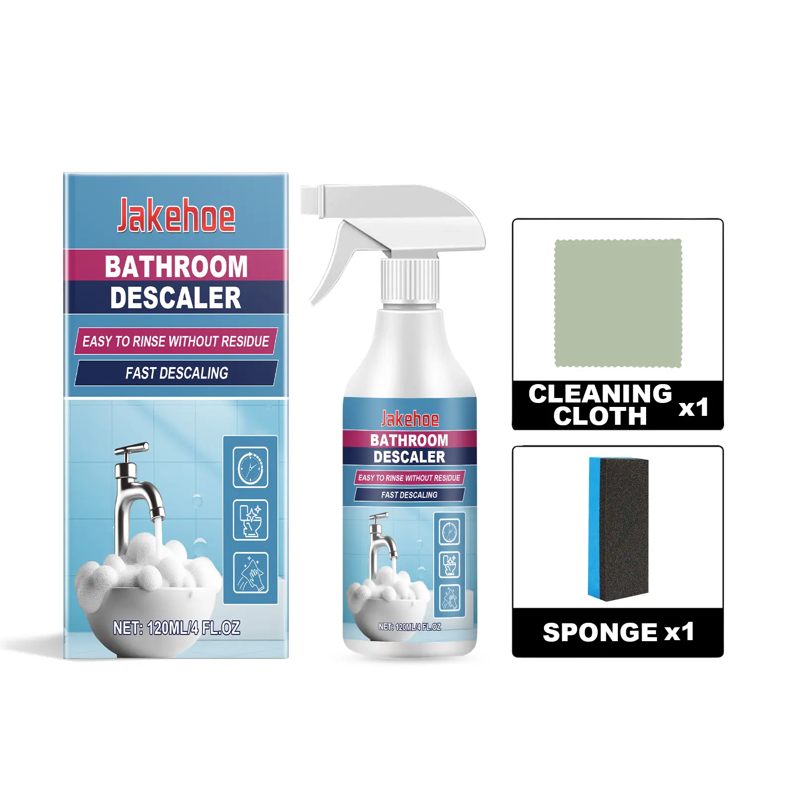 Jakehoe Bathroom Descaler Spray, Hard Water Stain Remover for Shower Glass, Faucet, Tile & Toilet, Multi-Surface Limescale & Soap Scum Cleaner, Fast-Acting No-Scrub Formula, 4 FL.OZ with Cloth & Sponge