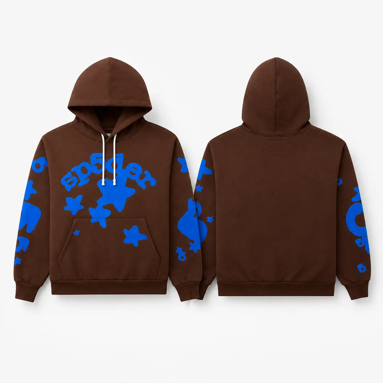 Sp5der Beluga Graphic Hoodie, Star Logo Pullover Streetwear Sweatshirt with Sleeve Print