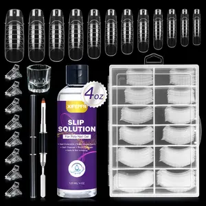 XIFEPFR Poly Gel Slip Solution Kit, 4oz Anti-stick Liquid for Extension Use with 120pcs Dual Forms, Nail Brush, Clips & Cup – Easy for DIY Poly Gel Nail Art, Gifts for Women