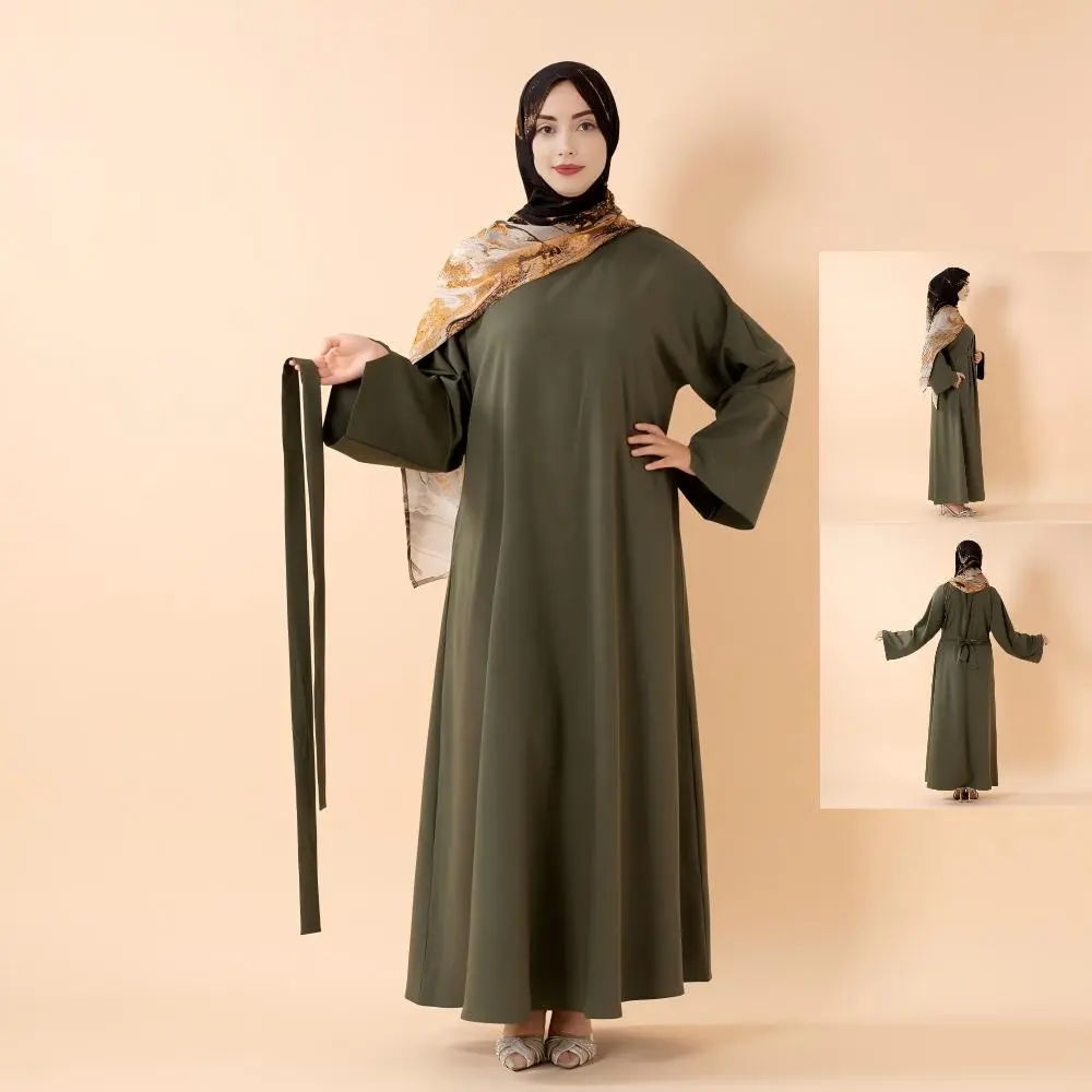 Women's Muslim Modest Linen-Effect A-Line Maxi Dress - Long Sleeve, Pullover, Loose, Breathable, Pockets, Adjustable Styling with Removable Belt, Full Coverage Clothing for Casual Daily Wear