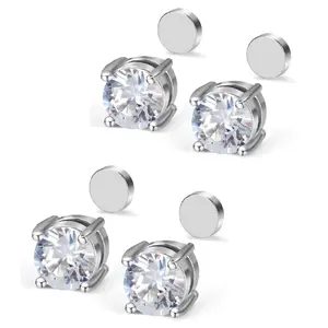 1/2/4 Pairs Magnetic Stud Earrings for Men Women, Non Piercing CZ Diamond Earrings Stainless Steel Hypoallergenic Non Piercing Earrings 5MM/6MM/8MM