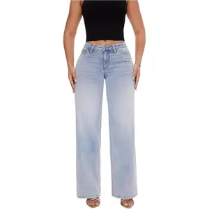 Mid-Low Rise Baggy Jeans Wide Leg for Women Distressed Pants Stretchy Bottom Lady Basic Comfortable Denim