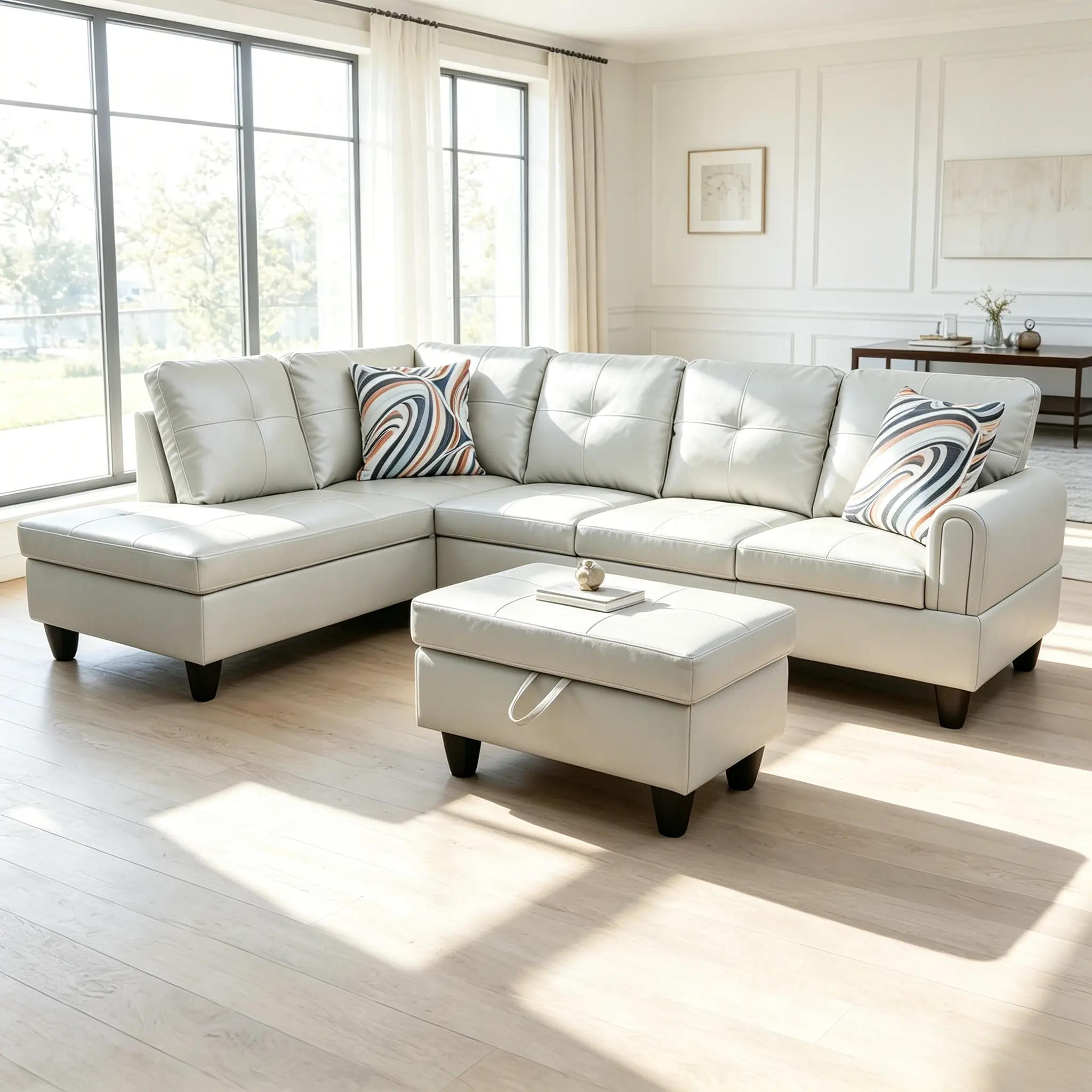 3-Piece Silver Green PU Leather Comfy Couch Sofa Set - Durable Smooth Wear-Resistant Synthetic Leather, Delicate Stitching, Soft Spacious Cushion Back Seating, Fixed Arms, With Cushion, Living Room Decor, Assembly Required, Ideal for Apartments