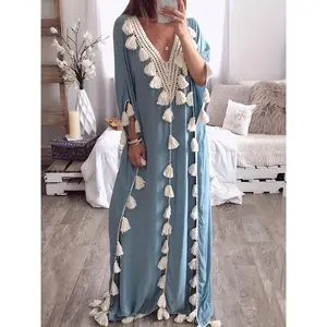 Ramadan Tassel Decor V-neck Kaftan Dress, Elegant Loose Long Sleeve Maxi Length Dress, Women's Clothing